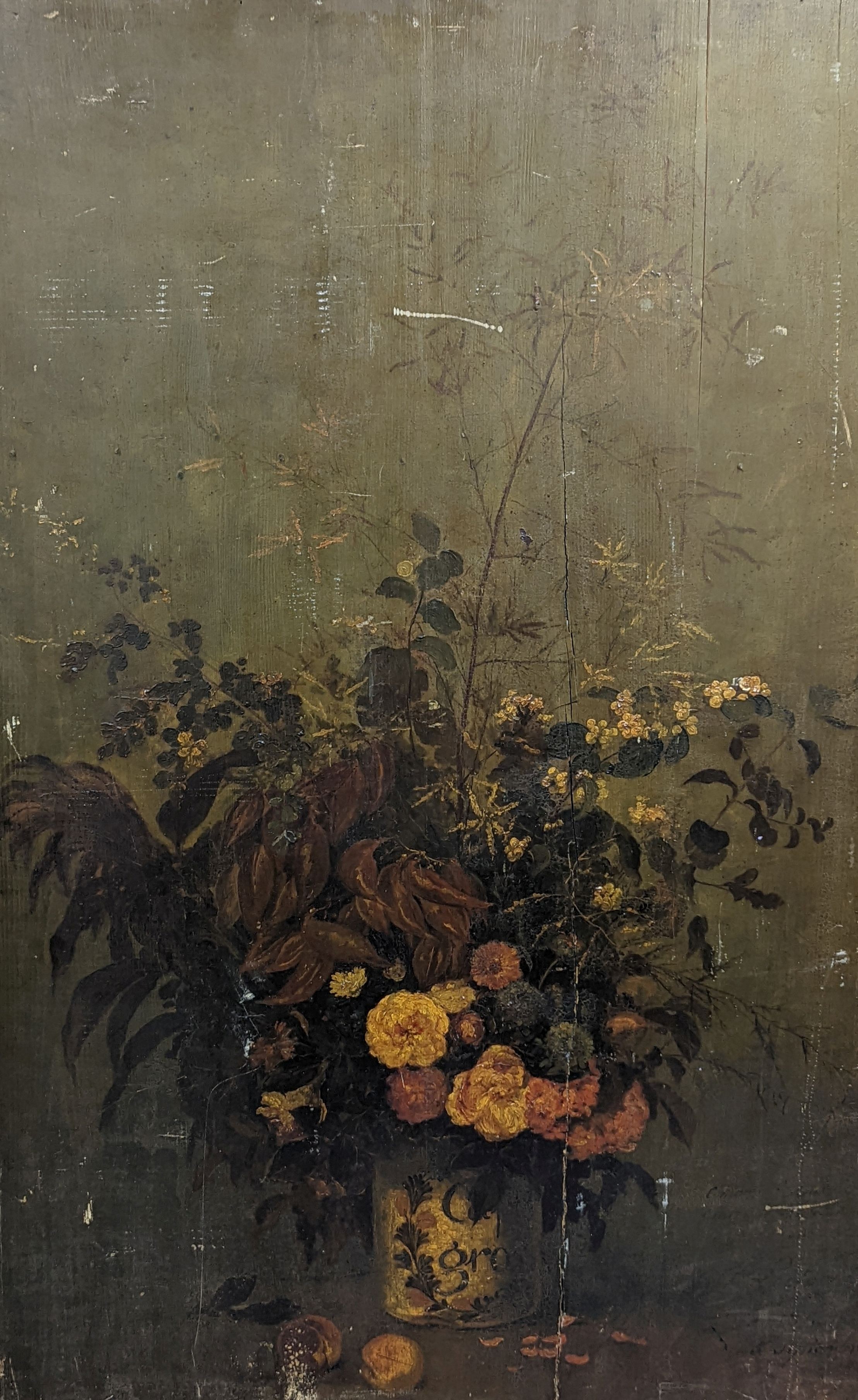 19th century Continental School, oil on wooden panel, Still life of flowers in a vase, indistinctly signed lower right, 129 x 84cm, unframed